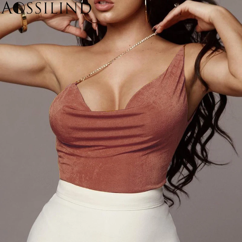 

AOSSILIND Elegant metal strap backless women tops&tees summer style camisole tank top Female sexy party club top cami