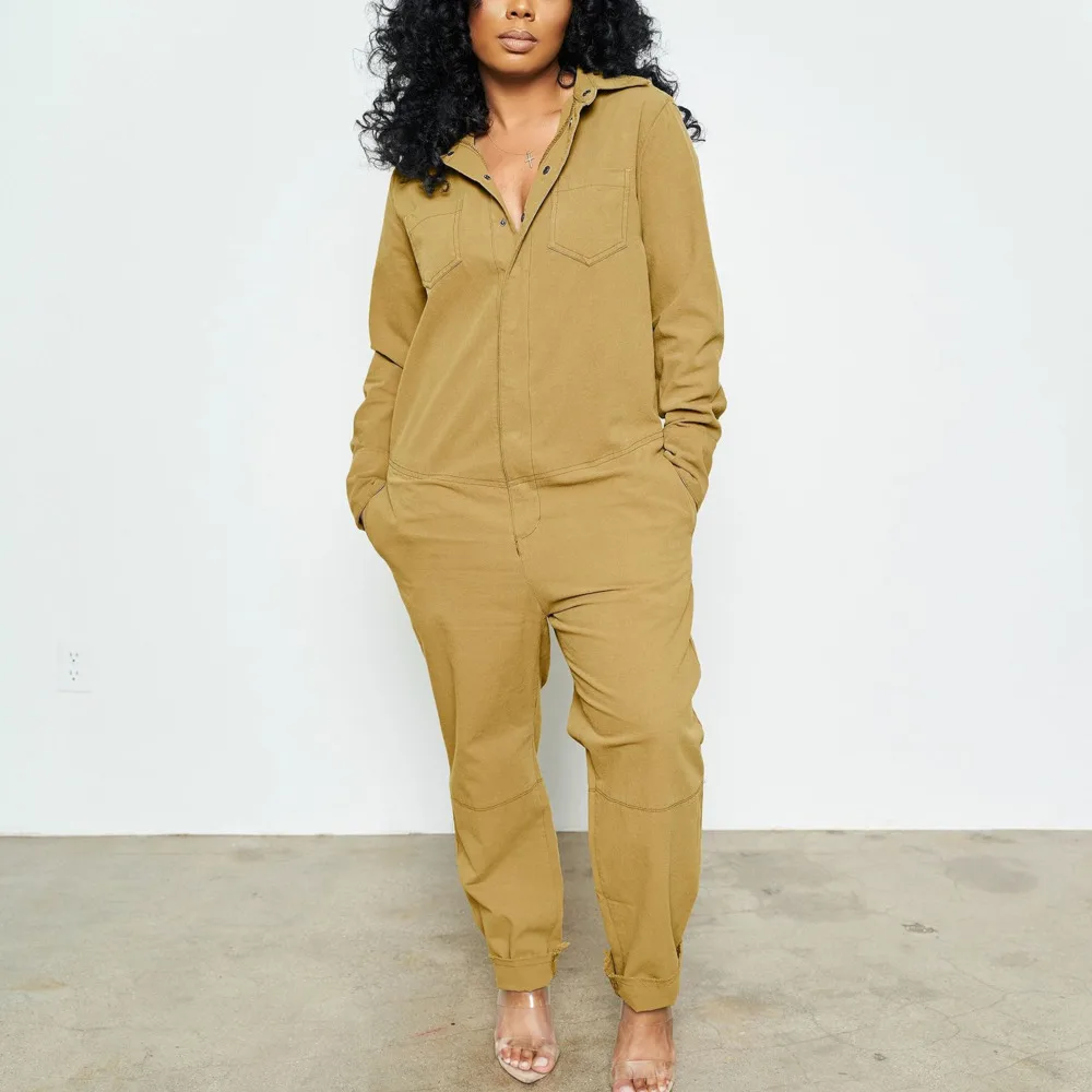 Cargo Pants Jumpsuit Loose Button V-neck Long Sleeve Women Overalls Romper Summer Elegant Combinaison Femme Vintage Jumpsuits C