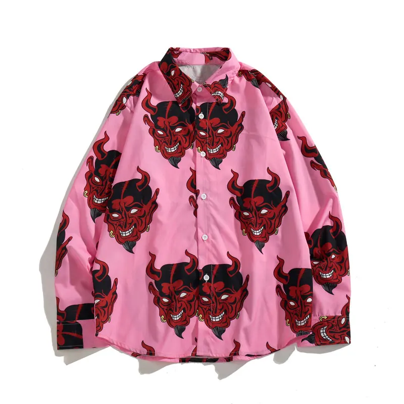 Pink GONTHWID Devil/рубашки с длинными рукавами и принтом в стиле Харадзюку, Повседневная рубашка на пуговицах, уличная мода, повседневные рубашки, футболки, топики - Цвет: Pink