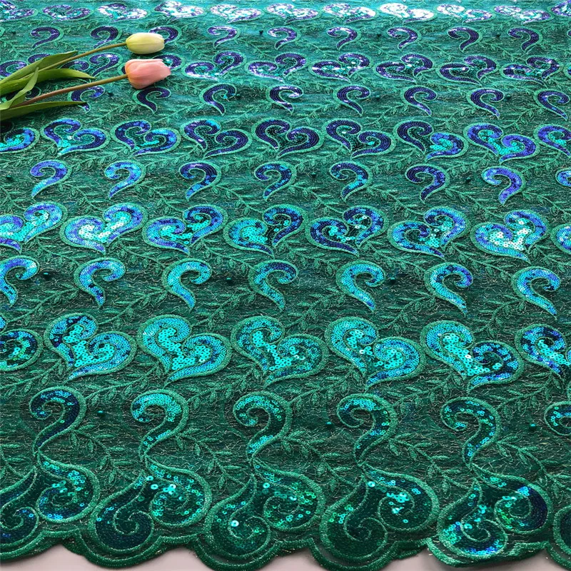Последняя африканская чистая кружевная ткань, Высококачественная нигерийская двухслойная сетка ткань кружева с бисером и блестками 5 ярдов Зеленый