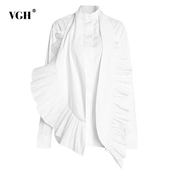 

VGH Elegant Ruffles Women's Shirt Stand Collar Long Sleeves Loose OL Style Blouse For Women 2020 Autumn Fashion New Clothes