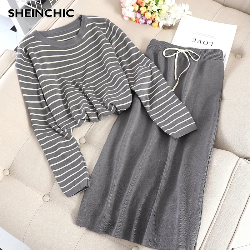 

Korean New 2019 Women 2 Piece Set Elegant Long Sleeve Loose Striped Knitted Blouse+Black/Grey Skirt Two Piece Set Suit Female