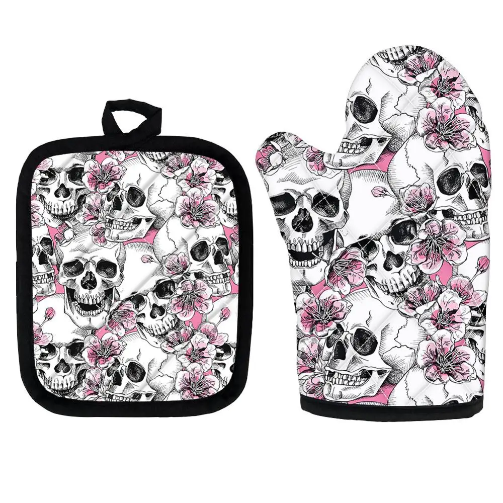 

Sugar Skull Pattern Kitchen Microwave Gloves Polyester Sets of 2 Resistant Hot Pads Oven Mitts for Cooking Baking Accessories