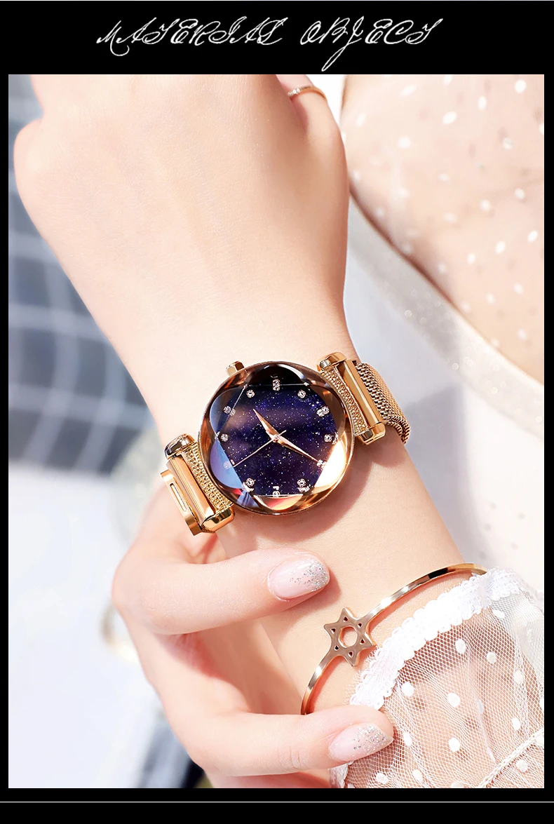 Роскошный Алмаз розовое золото Для женщин часы Женская звездное небо магнитные часы Повседневное сетки Сталь стразы женские наручные часы