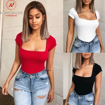 

Women Bodysuit for Streetwear Patchwork Design Square Collar Short Sleeve Solid Color Summer Slim Party Jumpsuits