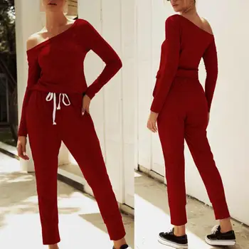 

Casual Women Solid Color Long Sleeve One Shoulder High Waist Drawstring Jumpsuit jumpsuits body femme clothes vintage hot