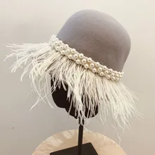 Новая женская шерстяная фетровая мягкая фетровая шляпа с широкими полями, шляпы с перьями и жемчугом, модные зимние шляпы с флоппи-бабочками, Дамская Шляпка для церкви