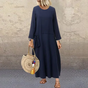 

2020 Spring Summer Dress Vintage Pleated Pockets Women Sundress Plus Size Cotton Baggy Maxi Long Dress Vestidos Streetwear 5XL 7