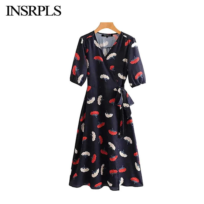 INSRPLS Women Vintage Elegant Floral Print Wrap Midi Dress V Neck Short Sleeve Bow Tie Sashes Female Beach Dresses Vestidos |