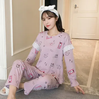 

100% Cotton Pajamas Sets For Women 2020 Autumn Fashion Ruffles Long Sleeve Lace Pyjama Girls Cute Print Homewear Lounge Clothing