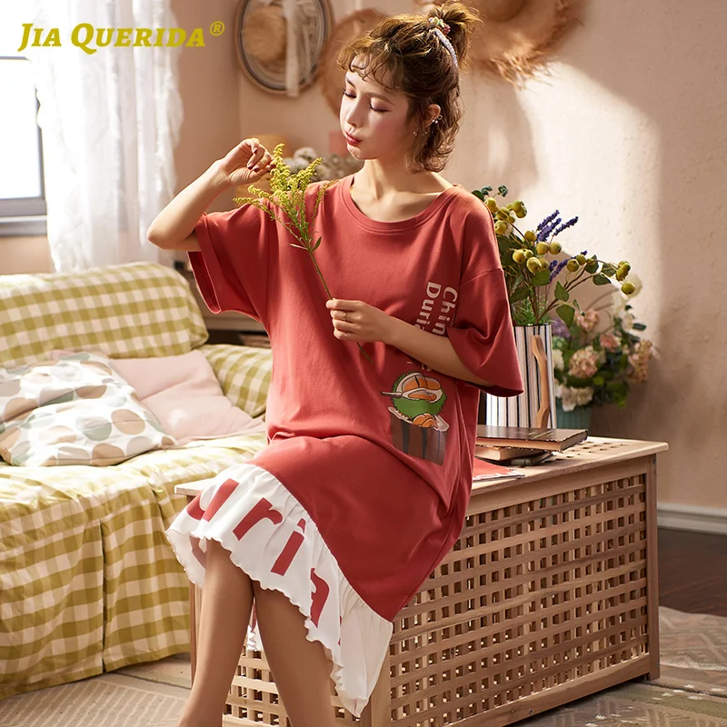 Sleepwear Women Girl Durian Printing New Red Kawaii Nightshirts Preppy Style Casual Style Nightgown Night Dress Women Nightwear