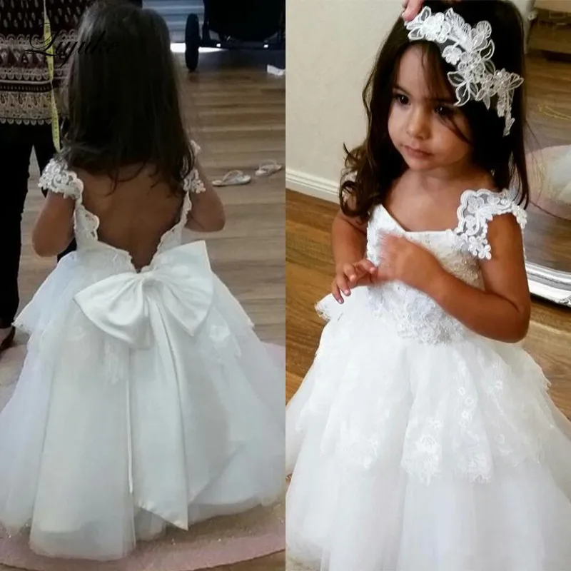 

New White Flower Girl Dress with Big Bow Backless Long Pageant Gowns First Communion Gowns Size 1-14years