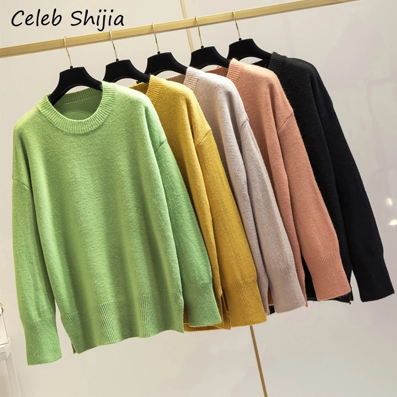

2019 New Autumn long-sleeved sweater Womn loose O neck kintted pullovers female plus size new winter