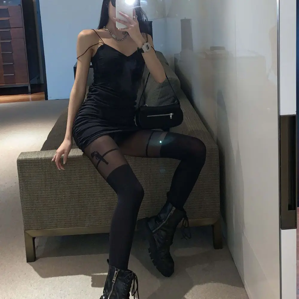 Gothic Tights Stockings for Women Sexy Nylons Pantyhose Pistol Suspenders Pattern Ladies Black Stockings