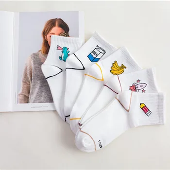 

Women Socks Cartoon White Cute Banana Milk Dinosaur Cotton Warmth Long Socks Cute Funny Illustration Letter Socks