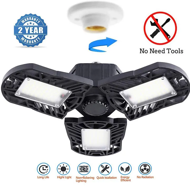 

LED Garage Lamp 80W Deformable Garage Ceiling Lamp 6000LM E26 Basement Lamp With 3 Adjustable Panel LED Bulbs For Warehouse