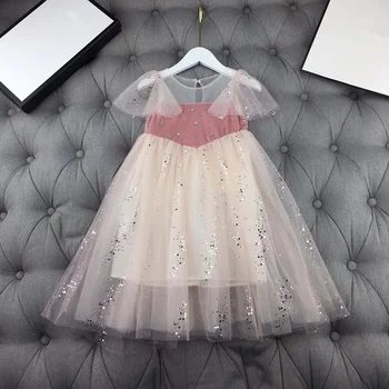 

European and American parent-child outfit 2020 spring and summer new styles mesh contrast color bronzing Girl's dress
