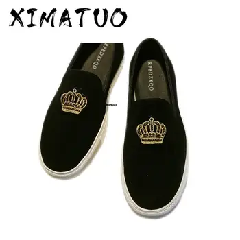 

Loafers Embroidery Slip On British Style Skate Designer Men Shoes Casual Fashion Genuine Leather Nubuck 2020 Real Spring Black