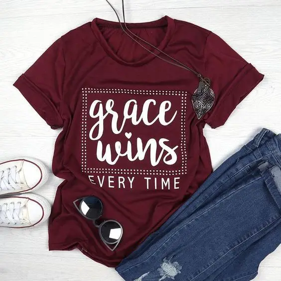 Grace wins каждый раз футболка женская модная хлопковая Повседневная стильная надпись эстетический tumblr религиозный христианский тройник милый топ - Цвет: Burgundy - white txt
