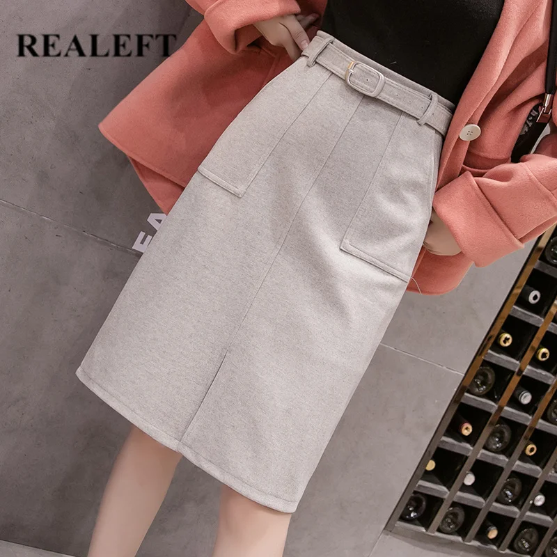 

REALEFT Autumn Winter Women Sashes Woolen Sheath Midi Skirts High Waist Knee-Length Pencil Wrap Skirts Saia Female with Pocket