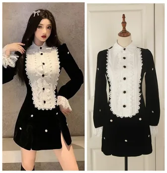 

NEW Chic Palace Style Black Dress Women Autumn Dress Long Sleeve Casual Warm Sexy Party Corduroy Slim Dress