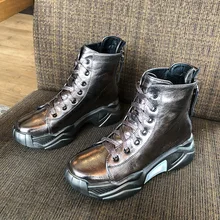 Черные ботильоны из лакированной кожи блестящие женские ботинки на платформе со шнуровкой женские зимние ботинки обувь в уличном стиле I4-55