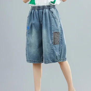 

Women Jeans Denim Short Knee Length Bottom Big Loose Oversized Embroidery Patchwork Fashion Casual for Spring Summer BO24181514