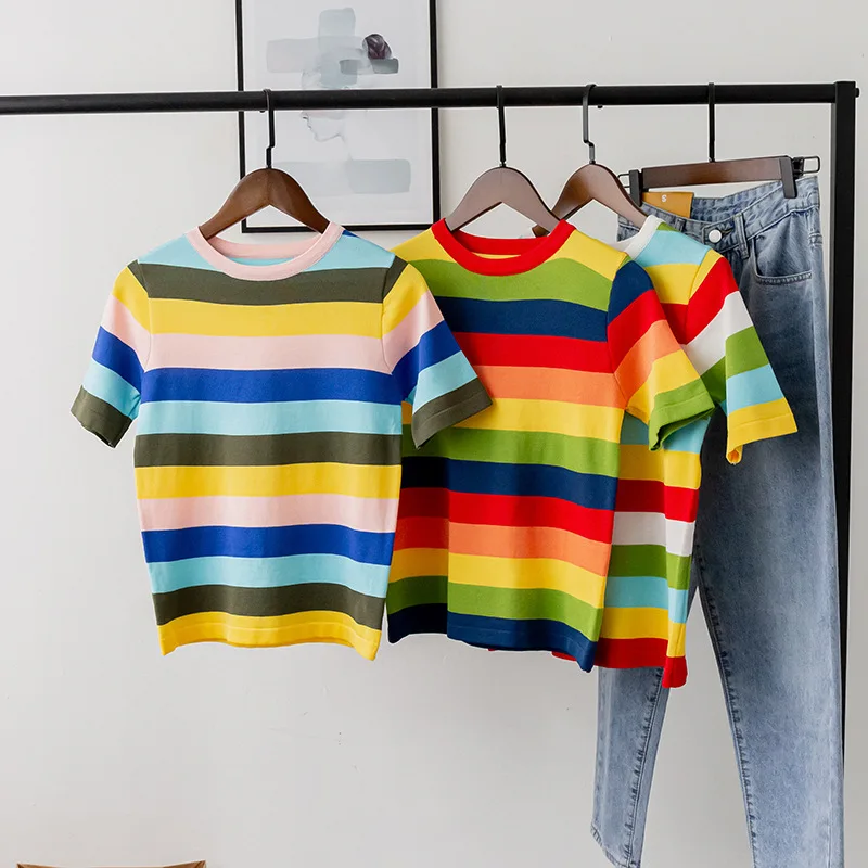 

2019 Autumn New Short Sleeve Women Knitted T Shirt Colorful Striped Tops Harajuku Ladies T Shirt Camiseta Feminina Clothes Femme