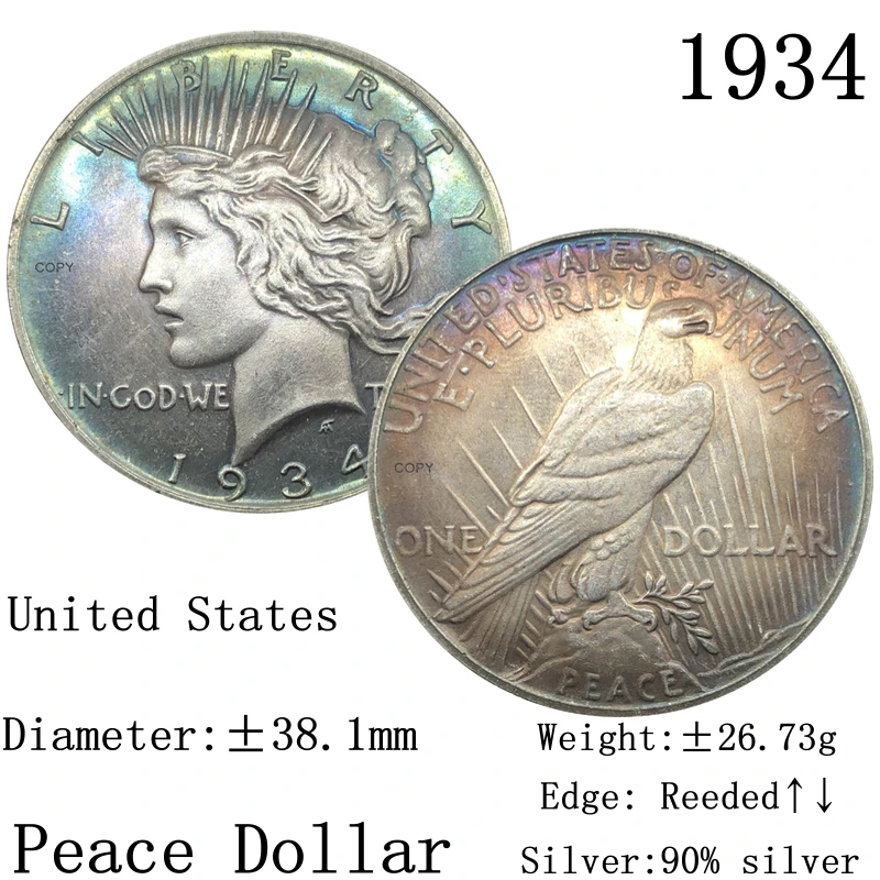United States Of America 1934 USA Peace 1 One Dollar Liberty 90% Silver In God We Copy Coin Collection Commemorative Coins | Дом и сад