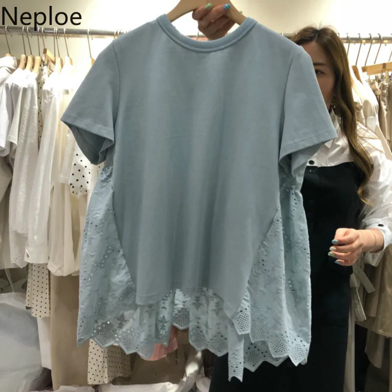 Neploe Ажурные кружевные лоскутные футболки Woomen новые футболки с круглым вырезом и короткими рукавами корейские свободные женские топы 45213|Футболки| | АлиЭкспресс