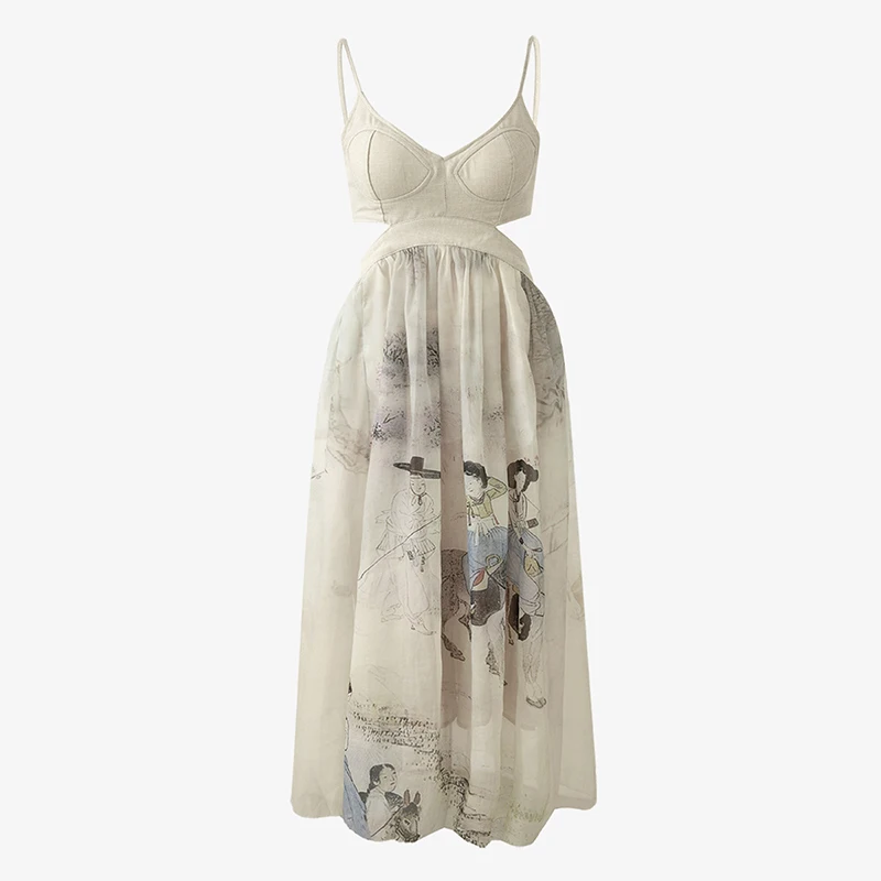 

Vintage Maxi Dresses For Women V Neck Sleeveless Female Summer Fashion High Waist Print Hollow Out Sling Dress