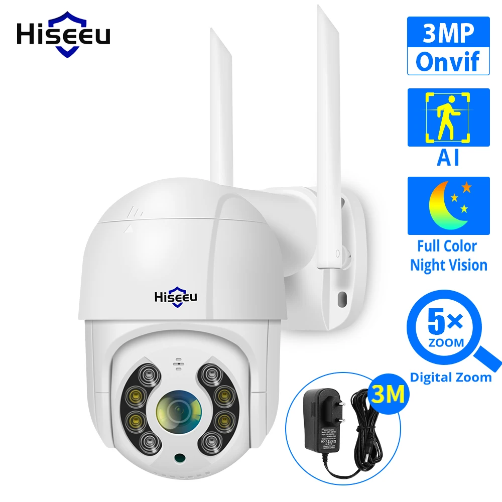 Hiseeu-cámara IP de 3MP con WIFI para exteriores, visión nocturna a todo Color, PTZ, seguridad impermeable, detección humana por Ia, ONVIF, ICSee
