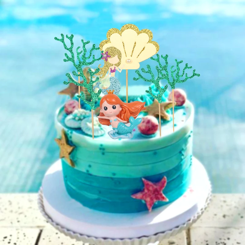 DIY Cake decoration Glitter mermaid Cake topper Tail/shell/seahorse cupcake supplies Happy birthday party decor kids Babyshower