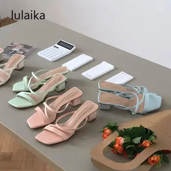 

2020 Women Summer Candy Color Slipper Fashion Narrow Band Slip On Open Toe Sandals Casual Outdoor Square Heel Slides 5 Cm