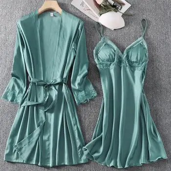 

Women Sexy 2PCS Sleepwear Nighty&Robe Suit Satin Nightgown Lace Patchwork Kimono Bathrobe Gown Nightdress Soft Intimate Lingerie