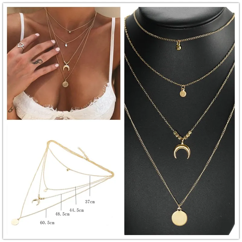 

Choker Horn Long Crescent Moon Women Necklace Bohemia Jewelry Collar Multi-layer Stainless Steel Disc Tassel Pendant Necklace