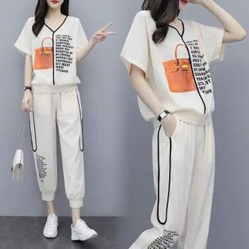 

2020 New Fashion Womens Korean Style Pants Suits Two Piece Set Casual V Neck Top and Pants Trousers Matching Sets Female Clothes