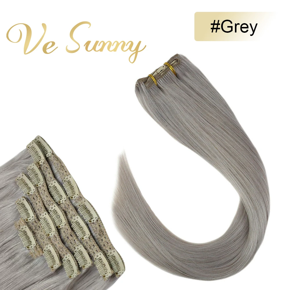 

VeSunny Clip in Hair Extensions Human Hair Machine Made Remy Hair for White 7pcs Clip on Extensions Grey 100-120gr