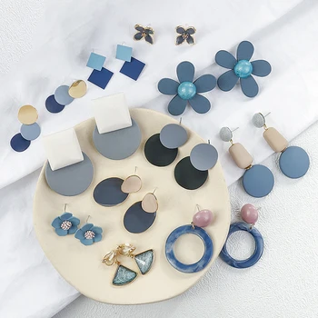

AENSOA Korea Multiple Geometry Drop Earring Imitation Blue Color Acrylic Resin Statement Dangle Earrings for Women Party Jewelry