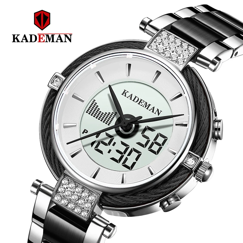 

Relojes Para Mujer Kademan Fashion Women Watch Digital Dual Display Quartz Watch Stainless Steel Waterproof Dress Wristwatch