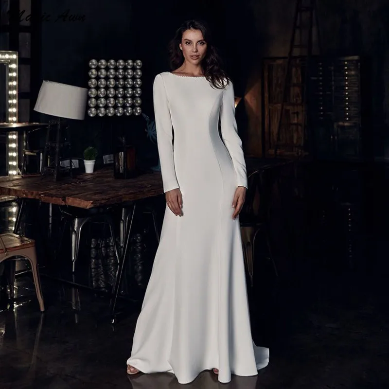 

Magic Awn Chic Long Sleeves Satin Mermaid Wedding Dresses Beach Pearls Beaded Backless Simple Cheap Bridal Gowns Boho Vestidos