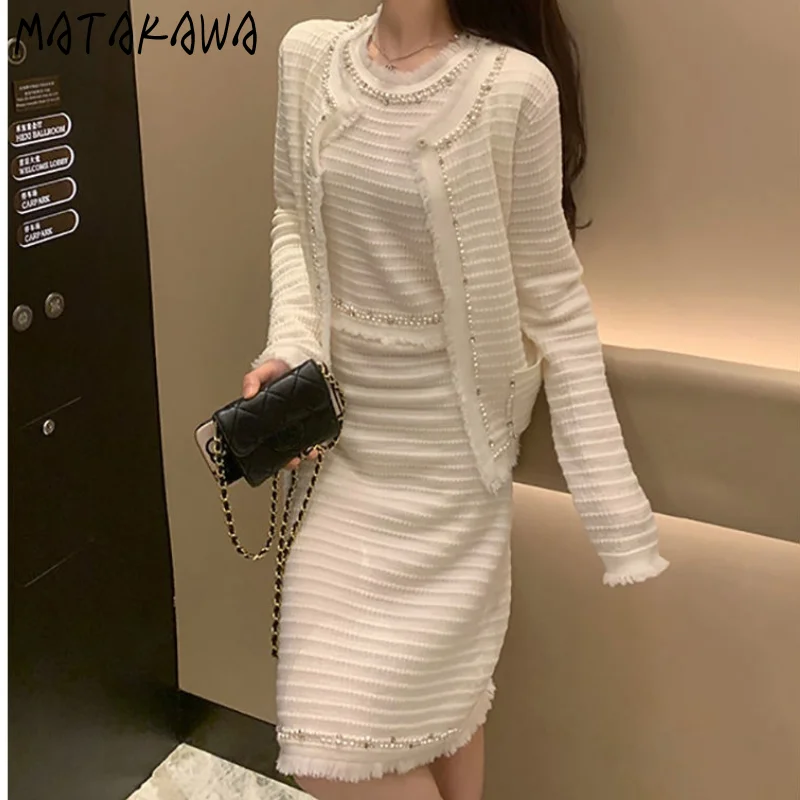 Matakawa Dress Sets Round Neck Beading Loose Slim Woman Jacket + Fashion High Waist Elegant Dresses for Women Suit Female |