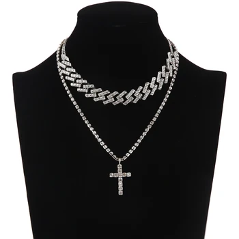 

Iced Out Cuban Link Chain Necklace Set Cross Pendant Jewelry for Women Rhinestone Choker Luxury Bling Hip Hop Jewellery