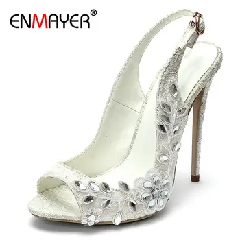 

ENMAYER Sandals Women Peep Toe Ladies Shoes Lace Buckle Strap Basic 2020 New Wedding Shoes Fashion Crystal Thin Heels Pumps