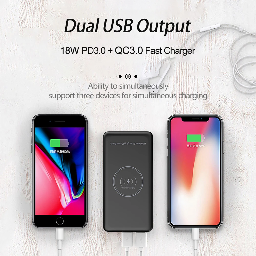  10W QI Wireless Charger 20000mAh Power Bank 18W Wired Quick Charge QC3.0 PD3.0 Powerbank Portable F