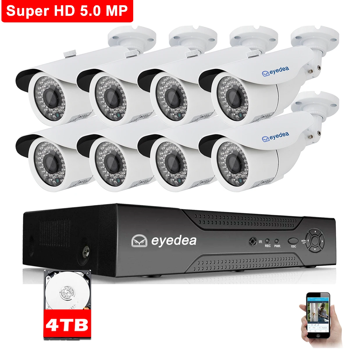 

Eyedea 8CH 5.0MP 1080P DVR 4MP Phone View Night Vision Outdoor Burglar Theft Alarm Video CCTV Security Camera System 4TB
