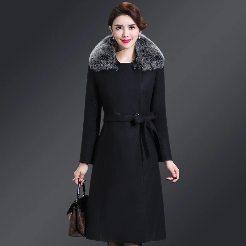 New Slim Women outerwear winter clothing fashion warm woolen blends coat female Belt elegant Double Breasted woolen coat