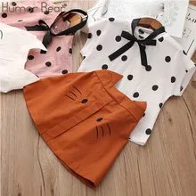 Conjuntos de ropa para niñas, Camiseta de cuello redondo de lunares sólidos de moda de verano, Falda corta de gato de dibujos animados, traje de dos piezas para niños de 2 a 6 años
