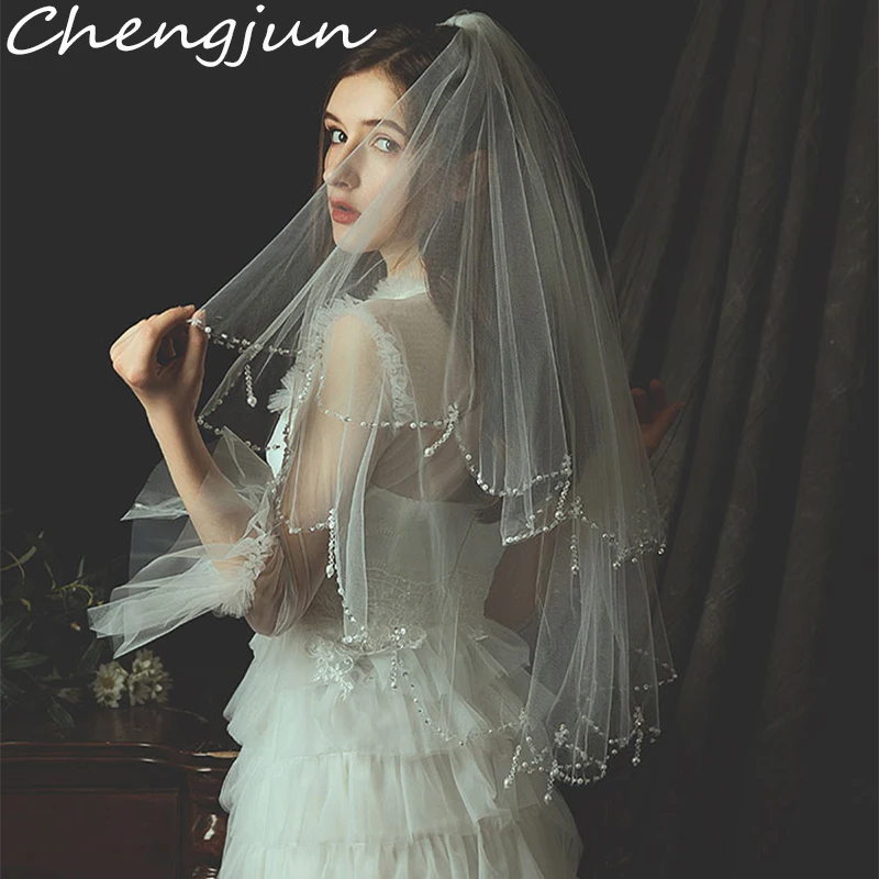 

Chengjun Soft Tulle Beaded Edge Two Layer New Bridal Veil 2019