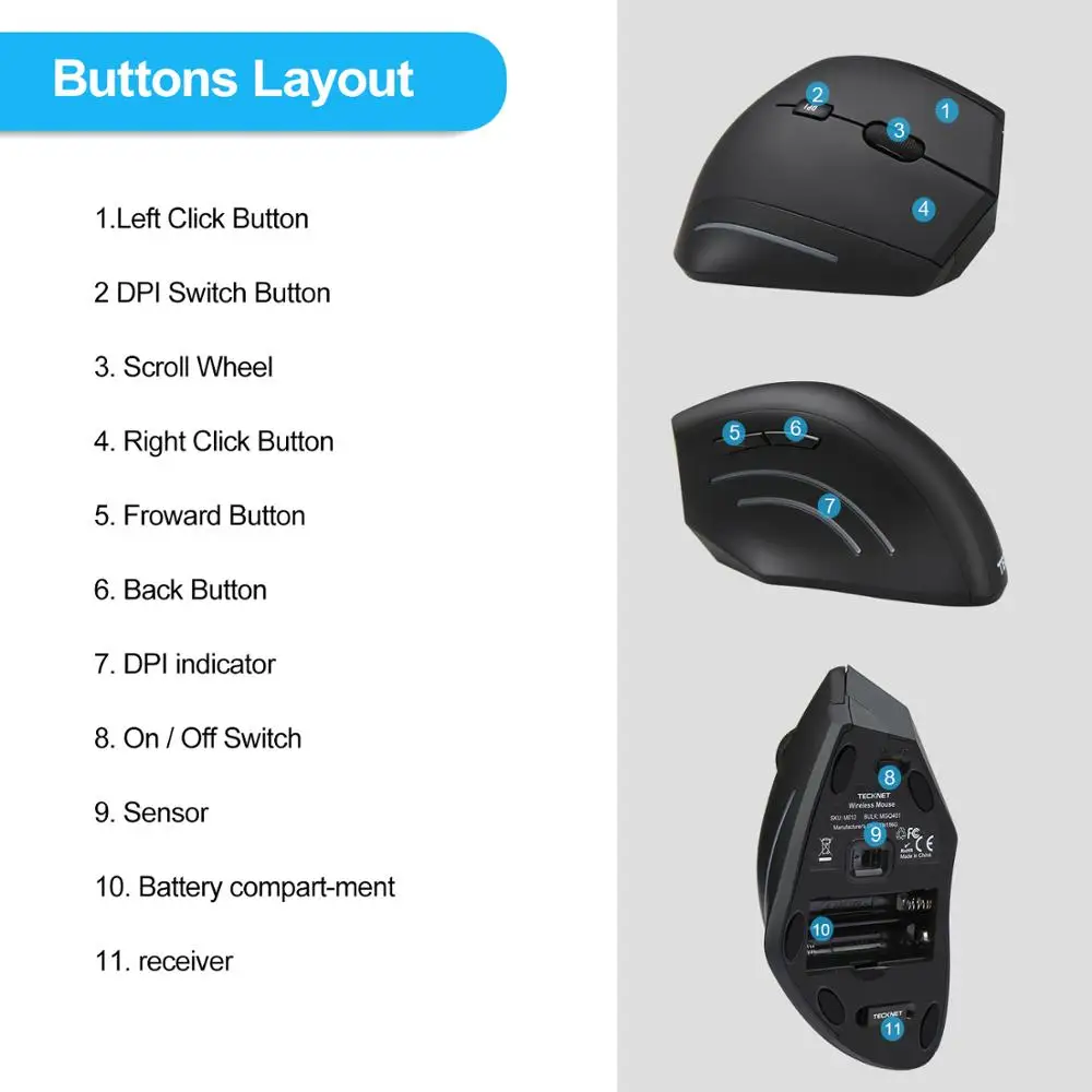 Preise TeckNet Vertikale Drahtlose Maus 2,4 GHz Nano Ergonomische Optische Maus 3 Einstellbare Ebenen 2000 1200 800DPI Maus für PC Computer